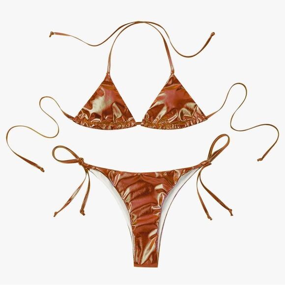 Women's Metallic Shiny Halter Lace-up Bikini Triangle Padded Cup Bra bronze S - Picture 1 of 6